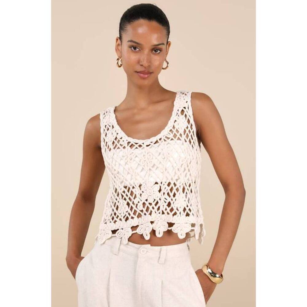 Lulus Taisia Cream Sheer Crochet Knit Tank Top White - Size XS/S